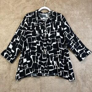 Fridaze S 100% Linen Button Down Top Black White Lagenlook Beachy Relaxed EUC